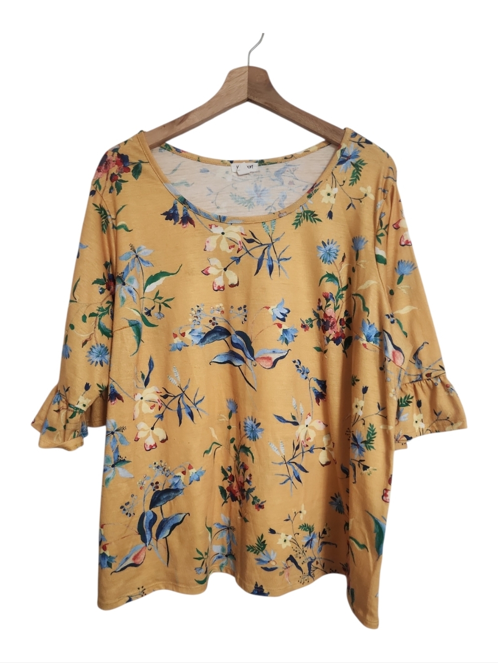 Westport Mustard Floral Scoop Neck Ruffle Sleeve Top Size 2XL